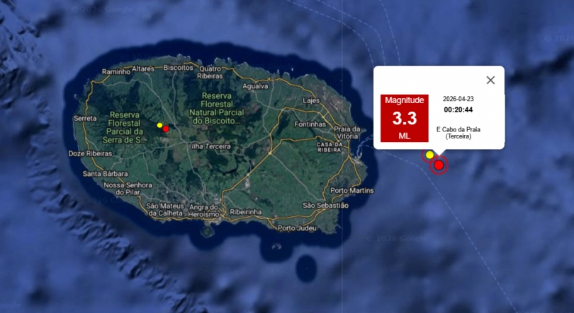 Imagem de Sismo de magnitude 3,3 sentido na ilha Terceira