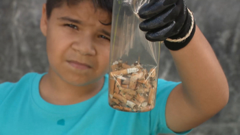 Crianças da Cáritas recolhem beatas de cigarro em Angra e alertam para impacto ambiental